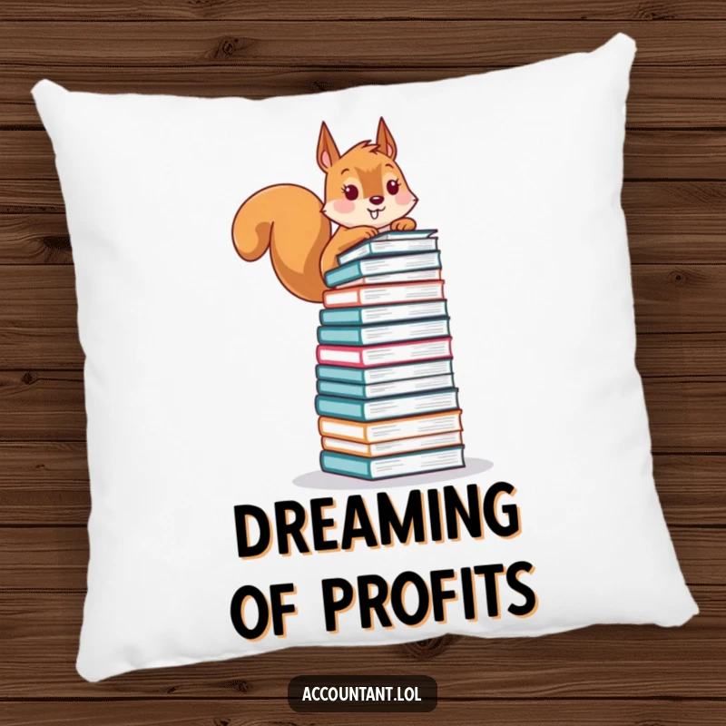 Funny pillow with a playful squirrel precariously balancing a huge stack of financial ledgers, offering humorous comfort and decor.