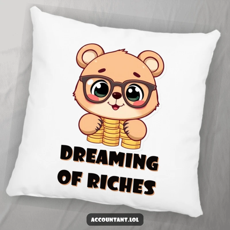 Funny pillow featuring a cute bear cub in glasses stacking coins, providing a humorous and cozy accent for any seating area.