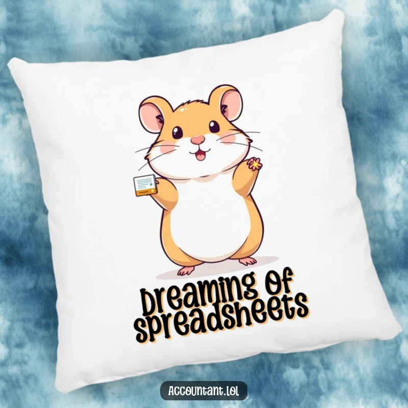 Funny hamster pillow featuring a proud hamster holding a sparkling, balanced ledger, perfect for cozy financial contemplation.