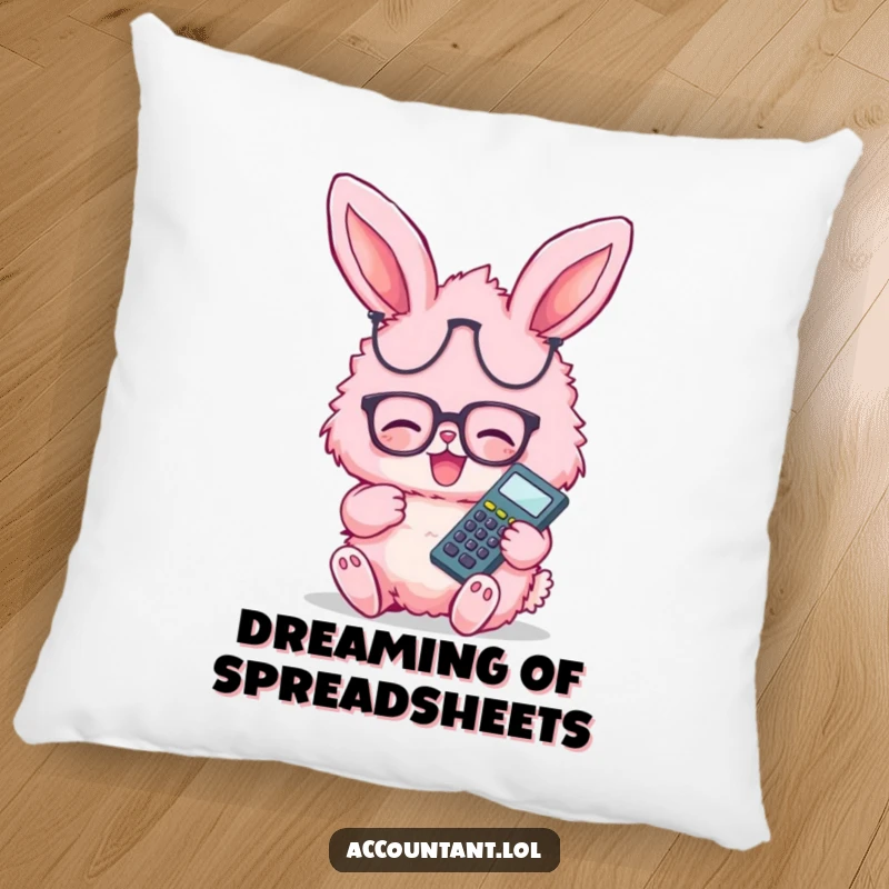 Funny pink fluffy bunny wearing glasses, giggling happily with calculator, featured on a soft decorative pillow.