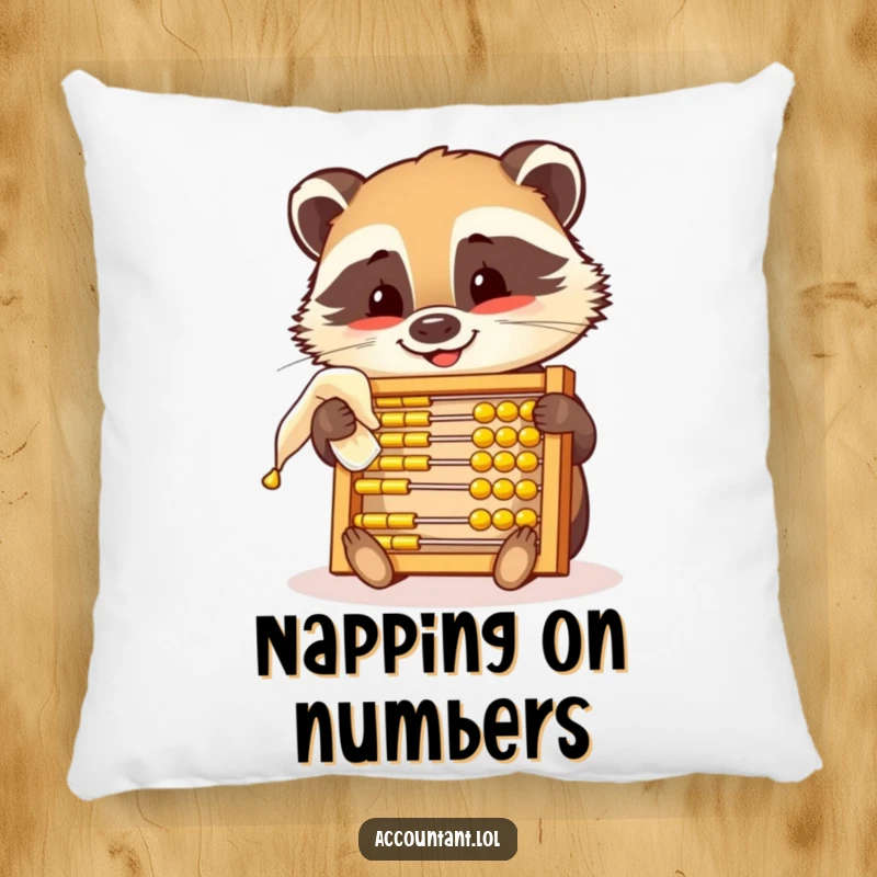 Funny pillow featuring a smiling badger polishing a golden abacus, a humorous and cozy addition to any decor.