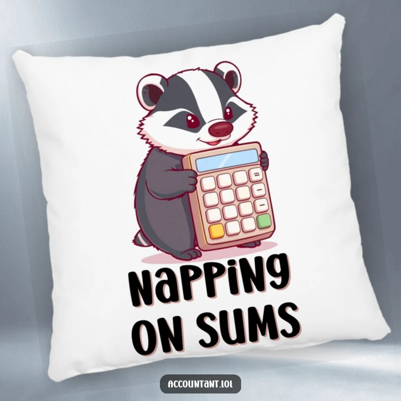 Funny Badger Pillow: A determined badger pushes a giant calculator, offering a cute and humorous decorative accent.
