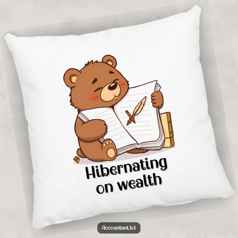 Funny determined brown bear scribbling furiously on a large ledger with a quill, on a soft decorative pillow.