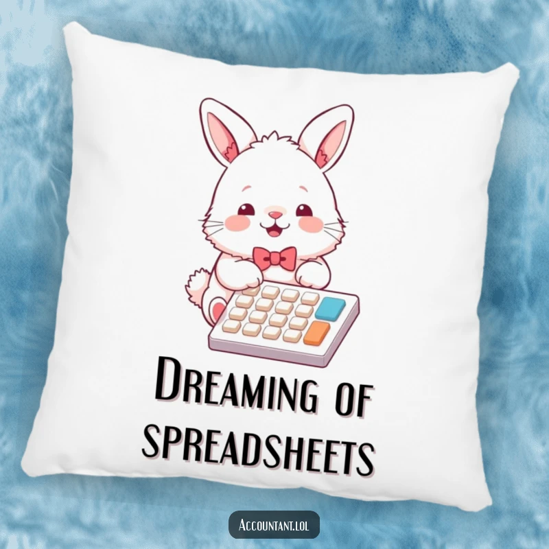 Funny bunny accountant pillow, a fluffy rabbit in a bowtie, smiling while using a calculator, for cozy home decor.