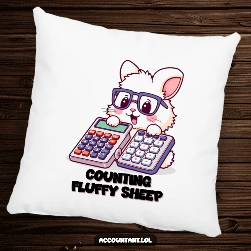Funny bunny accountant pillow, a fluffy rabbit wearing stylish glasses, humorously stamping a huge calculator, perfect for cozy spaces.