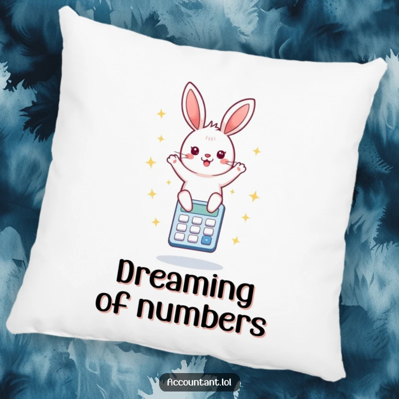 Funny pillow featuring a delighted bunny energetically bouncing on a calculator surrounded by cheerful starbursts, offering soft, humorous comfort.