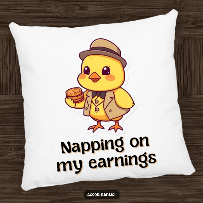 Funny cheerful yellow chick in a tiny suit balancing coins on its beak, on a soft decorative pillow.