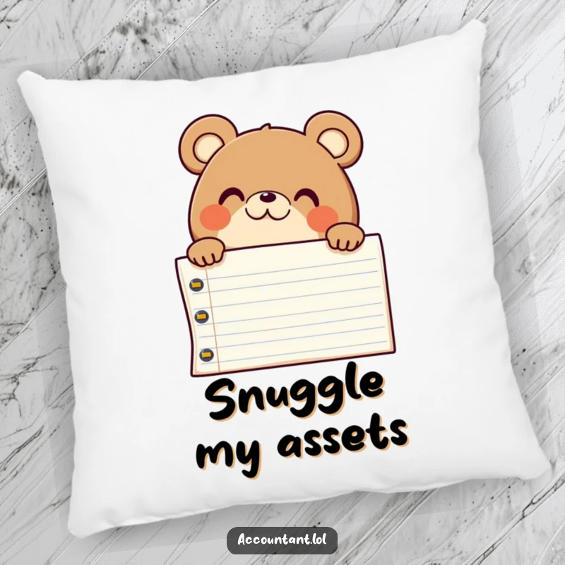 Funny chubby bear peeking over a ledger, looking surprised and pleased, a soft, humorous cushion.