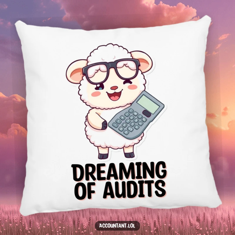 Funny fluffy sheep accountant with glasses and a giant calculator, offering a soft, humorous decorative touch.