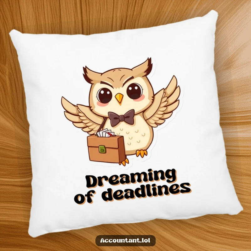 Funny Owl Pillow: A happy owl in a bow tie flies with a briefcase, offering a comfy and humorous decorative accent.