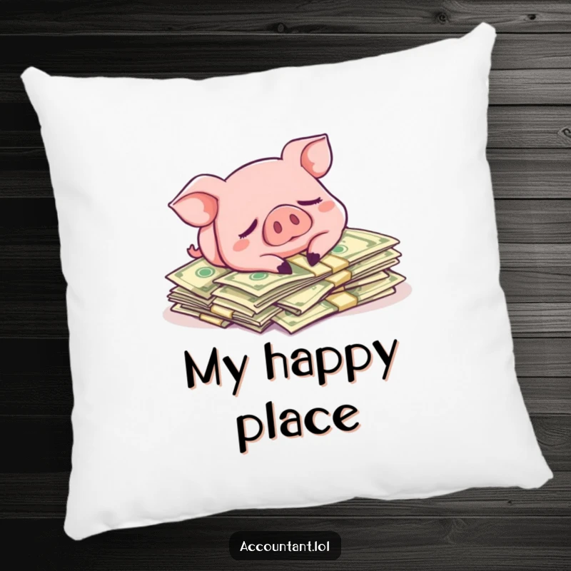 Funny pillow with a contented pig sleeping on a pile of money, offering a humorous and comfortable decorative touch.