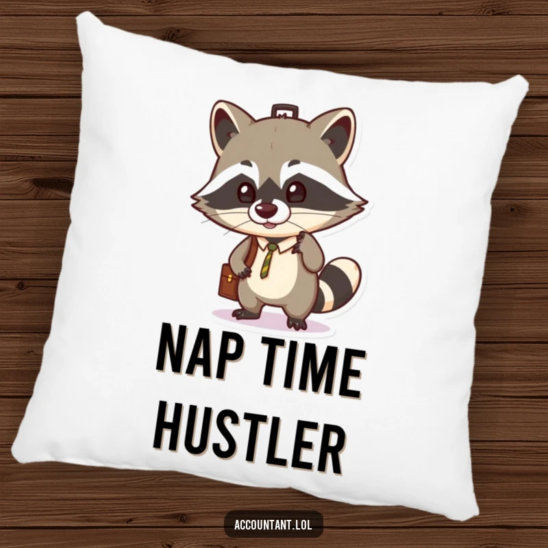 Funny pillow featuring a mischievous raccoon adeptly balancing a briefcase on its nose, offering humorous comfort.