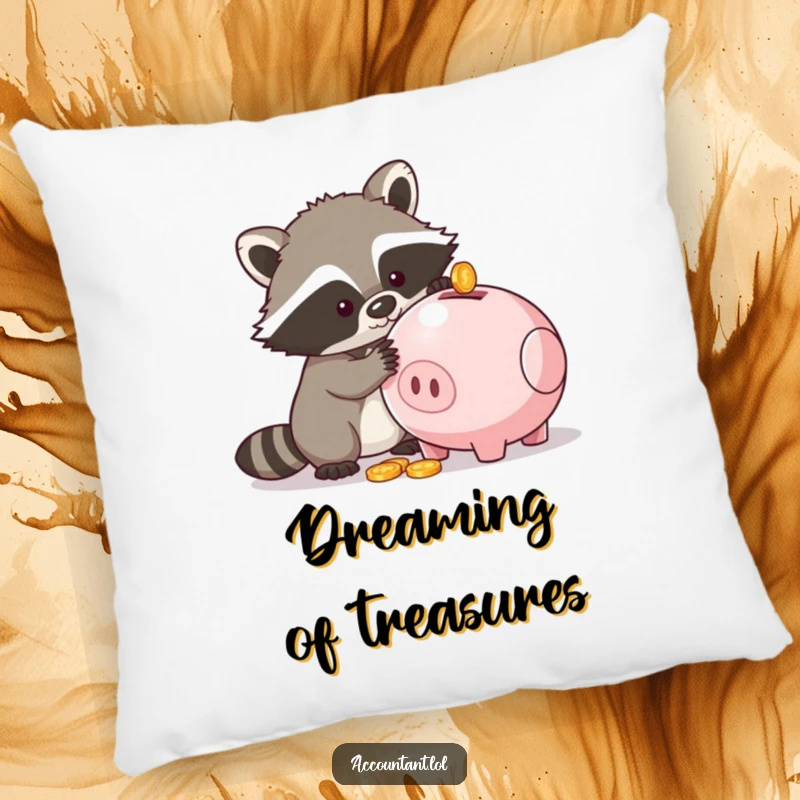 Funny pillow with a raccoon trying to get coins from a piggy bank, offering a humorous and comfortable decorative element.