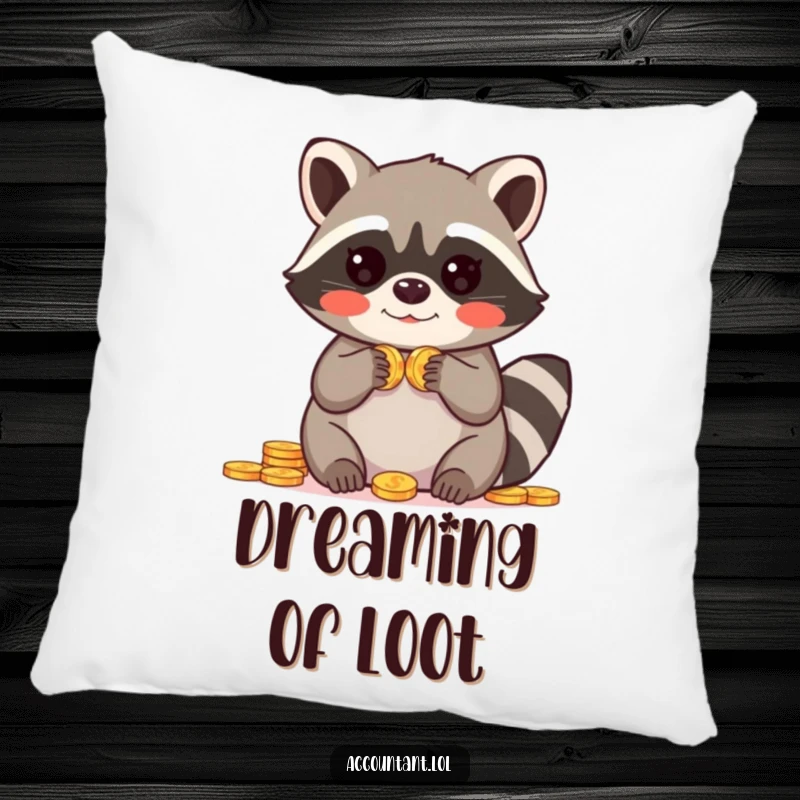 Funny pillow featuring a blushing raccoon with paws up in amazement over a pile of coins, adding whimsy.