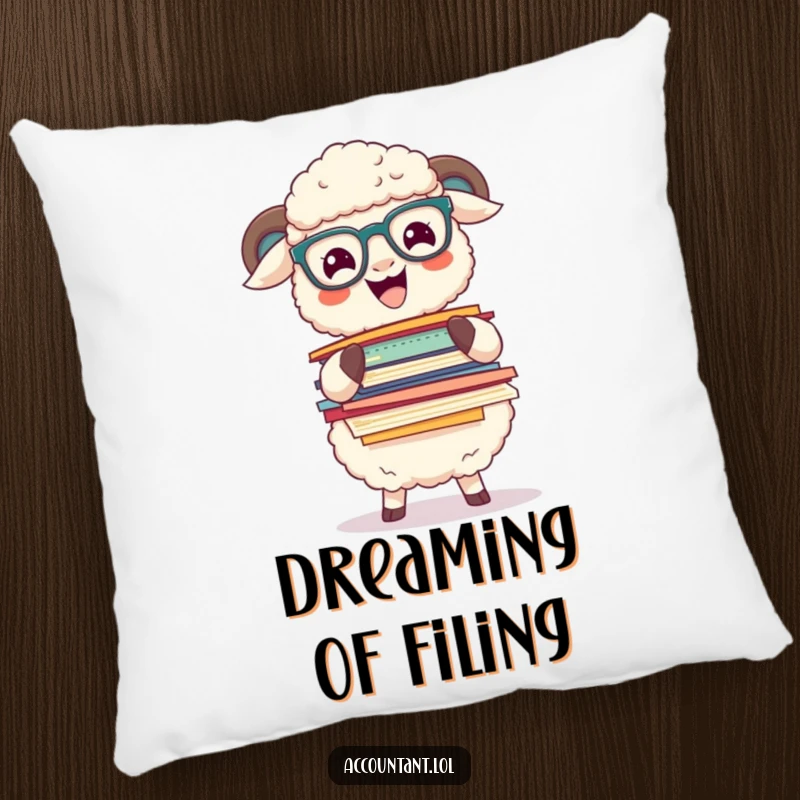 Funny sheep with glasses attempting to balance a huge stack of colorful papers, depicted on a soft and funny pillow.