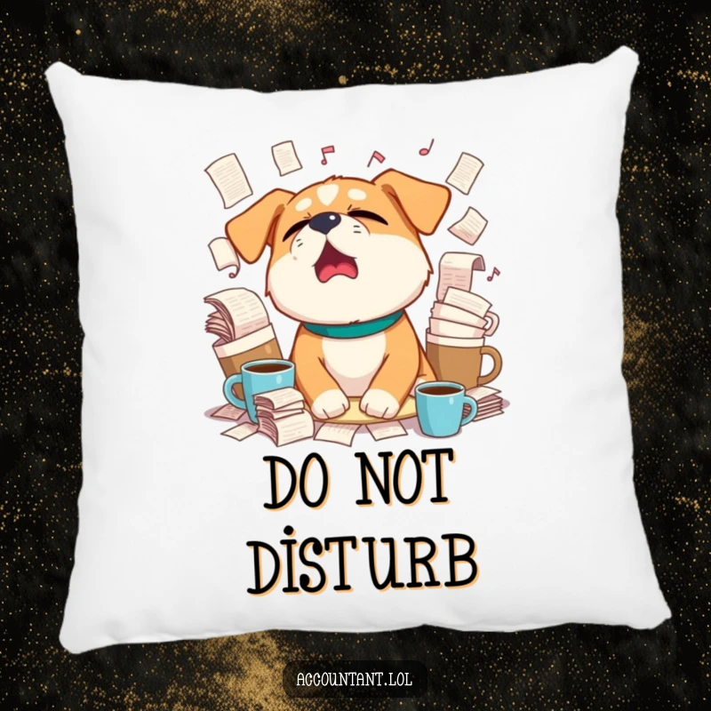 Funny sleepy dog yawning widely, surrounded by overflowing coffee cups and paperwork on a soft, decorative pillow.