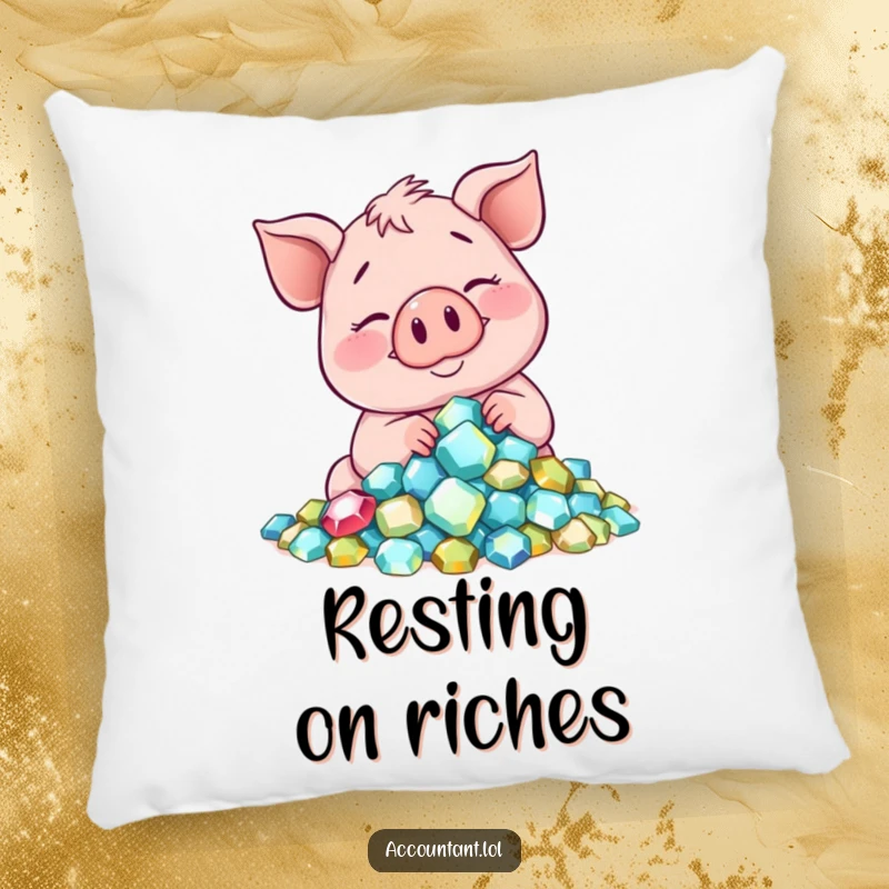 Funny smiling pig counting gems, a soft and humorous decorative pillow for cozy indulgence.