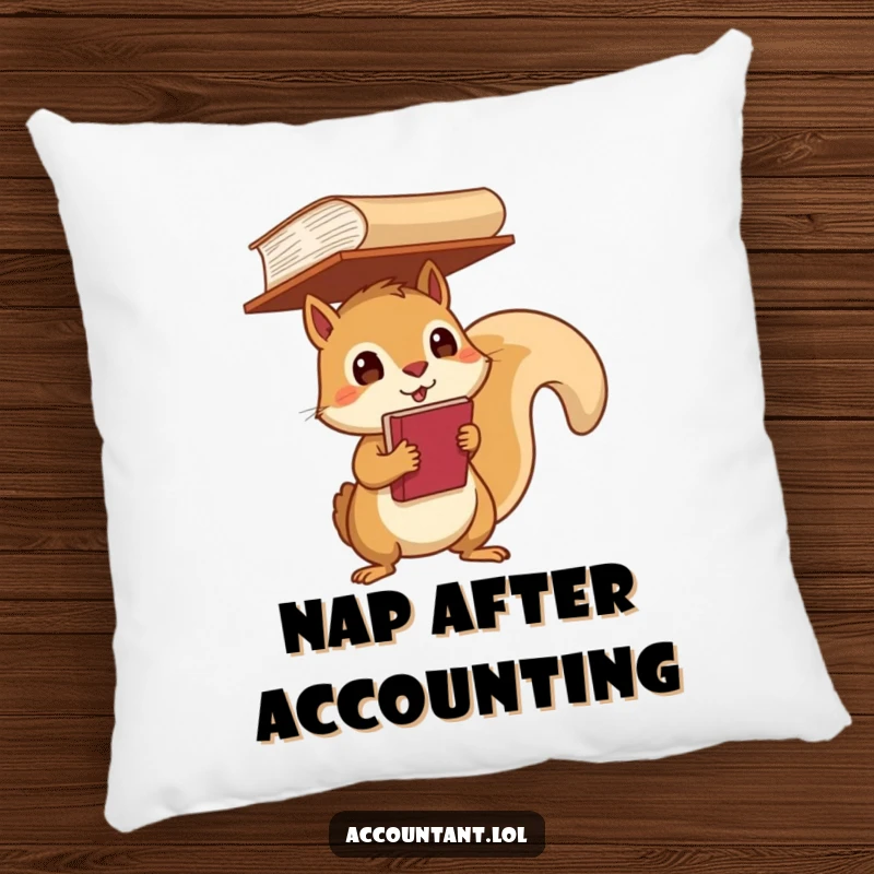 Funny Pillow with a determined squirrel balancing a ledger, offering comfort and a dose of humor.