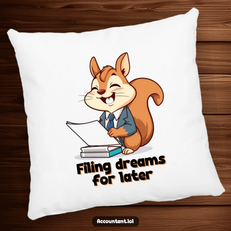 Funny squirrel office pillow, a cheerful squirrel in a suit, giggling while filing documents, for cozy and humorous decor.