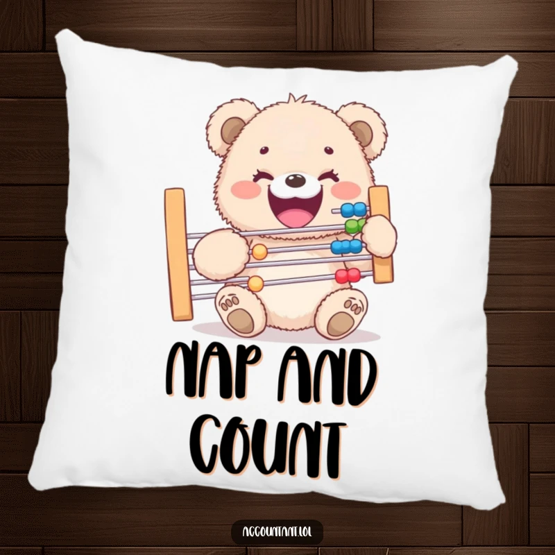 Funny pillow showcasing a delighted fluffy bear cub holding a giant abacus, offering comfort and a dose of calculating charm.