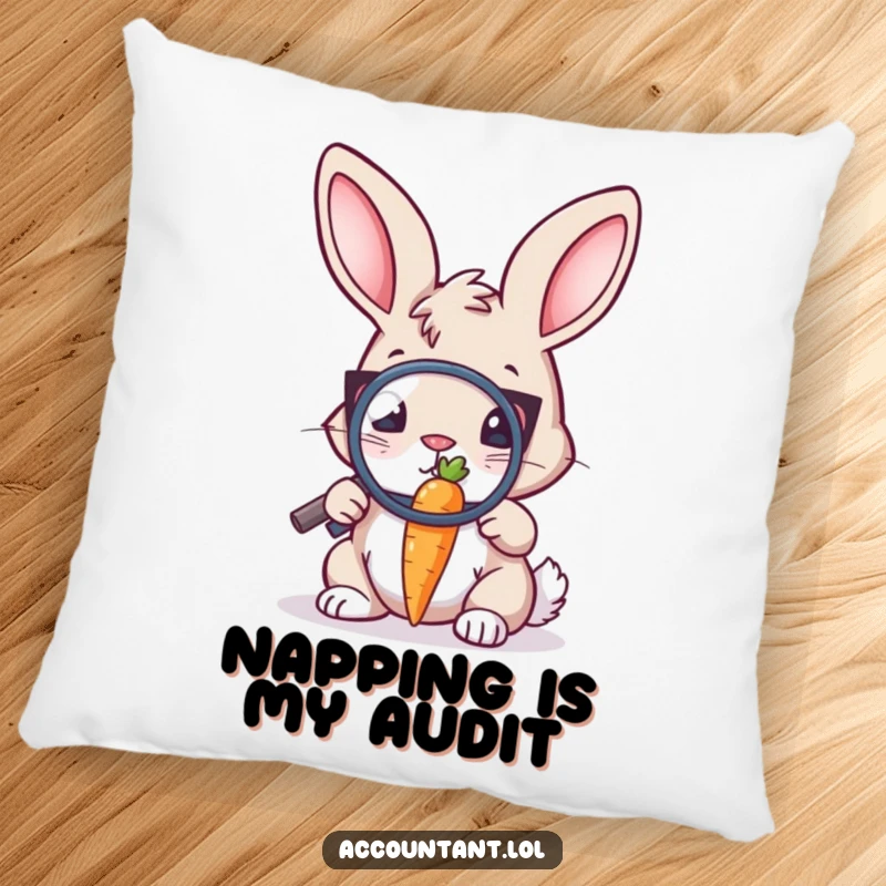 Funny Bunny Auditor Pillow: A bunny auditor examines a tiny carrot with a magnifying glass, bringing comfort and humor.