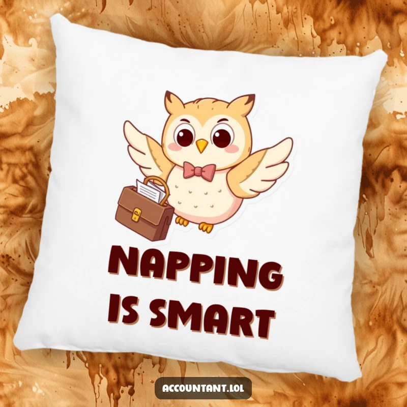 Funny happy owl in a bow tie, flying with papers, a soft and humorous decorative pillow for stylish comfort.