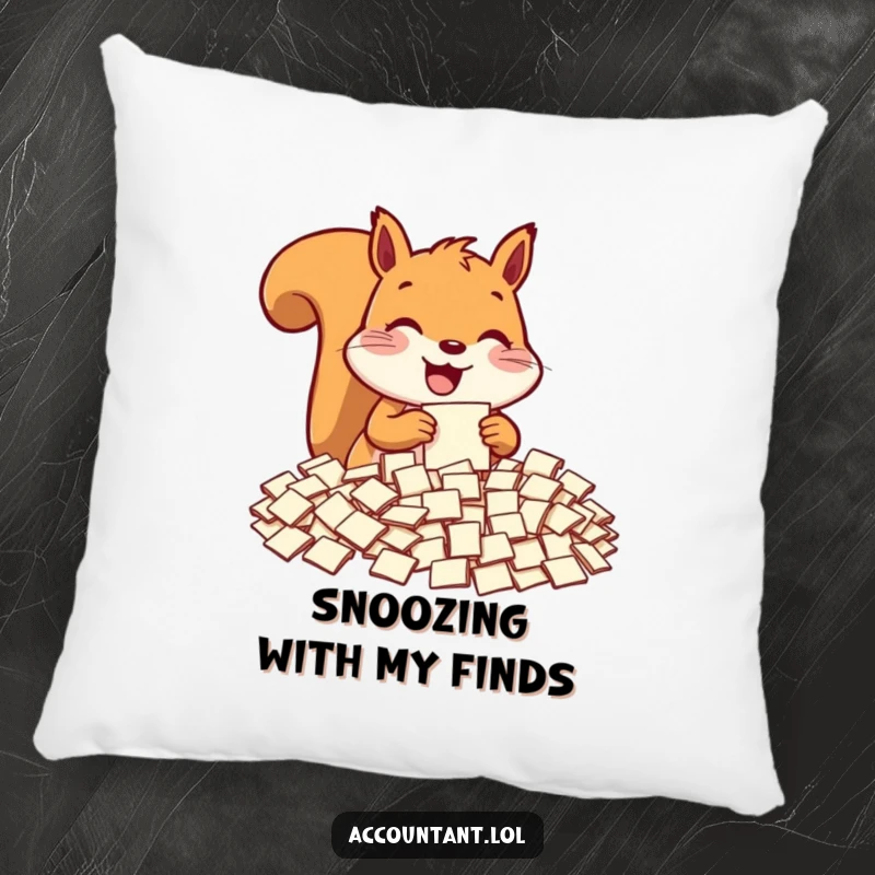 Funny squirrel pillow, a delighted squirrel sorting tiny paper slips, soft, comfortable, and humorous cushion.
