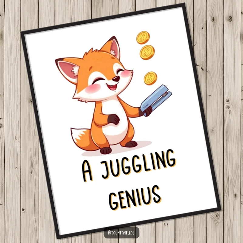 Funny giggling fox gleefully juggling shiny coins and a stapler, as downloadable funny digital art.