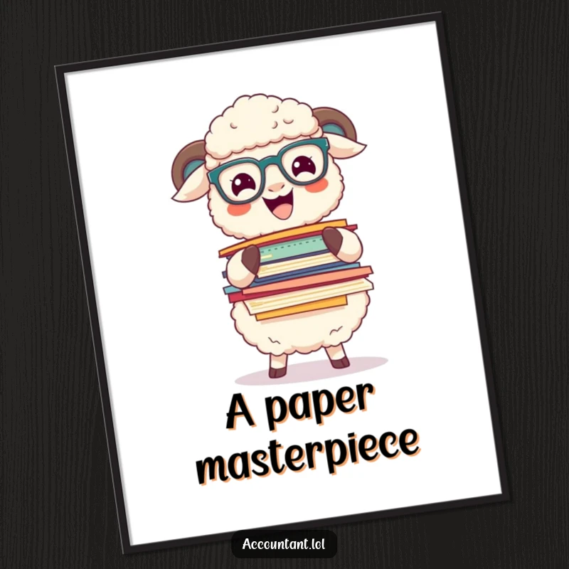 Funny sheep wearing glasses excitedly balancing a massive pile of colorful papers, as downloadable funny digital art.