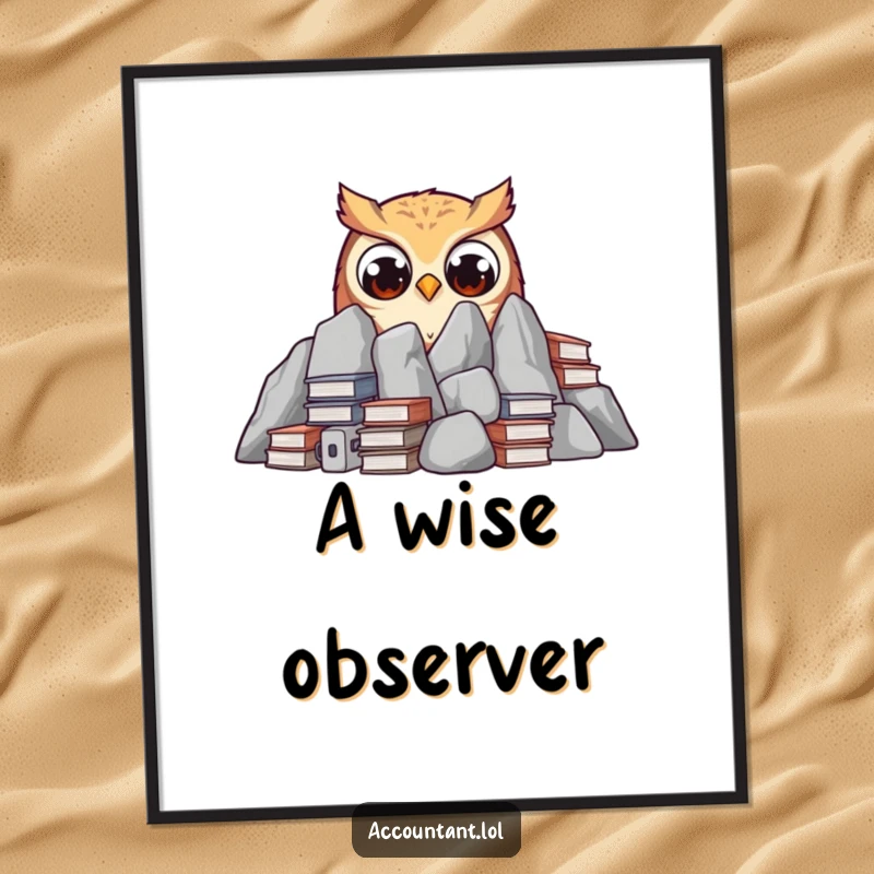 Funny curious owl peeking from behind ledgers with wide eyes, as downloadable funny digital art.