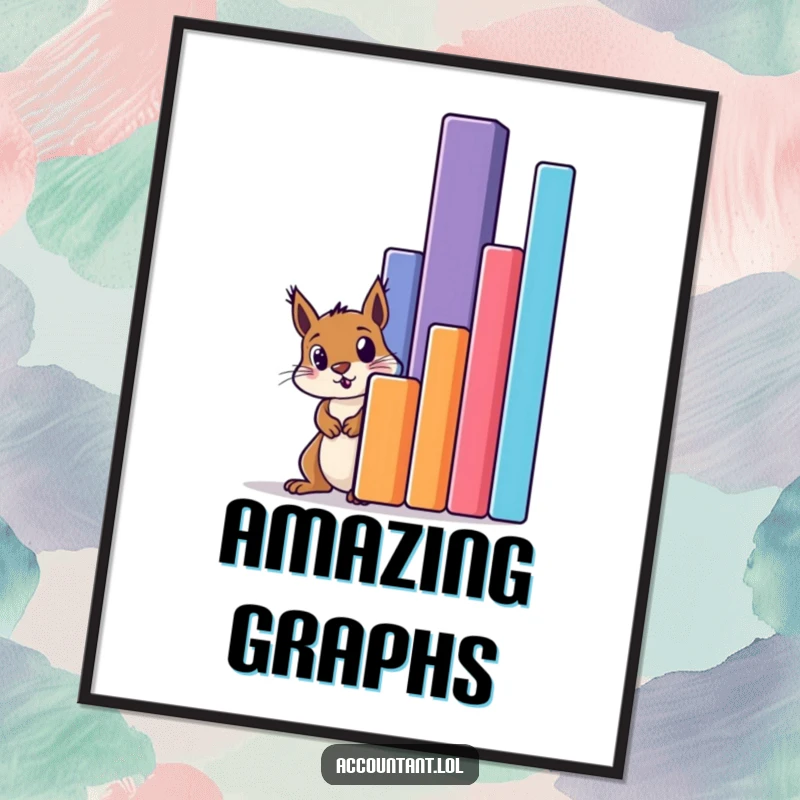 Funny squirrel peeking in amazement behind a colossal bar graph as a digital art print, ready for framing.