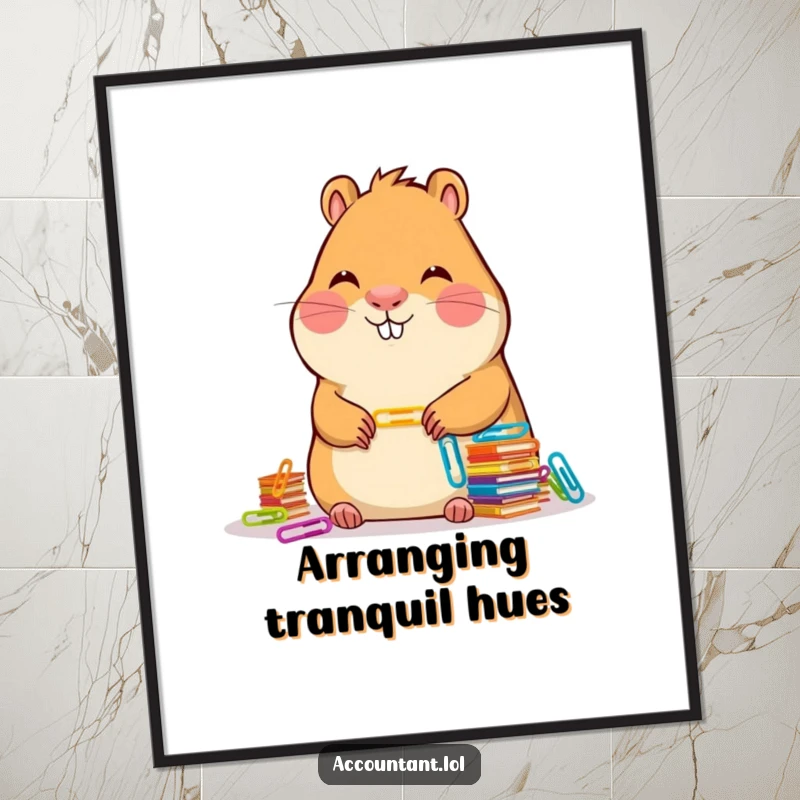 Funny Capybara Accountant Digital Art: A serene capybara smiles while neatly stacking colorful paper clips, ready for framing.