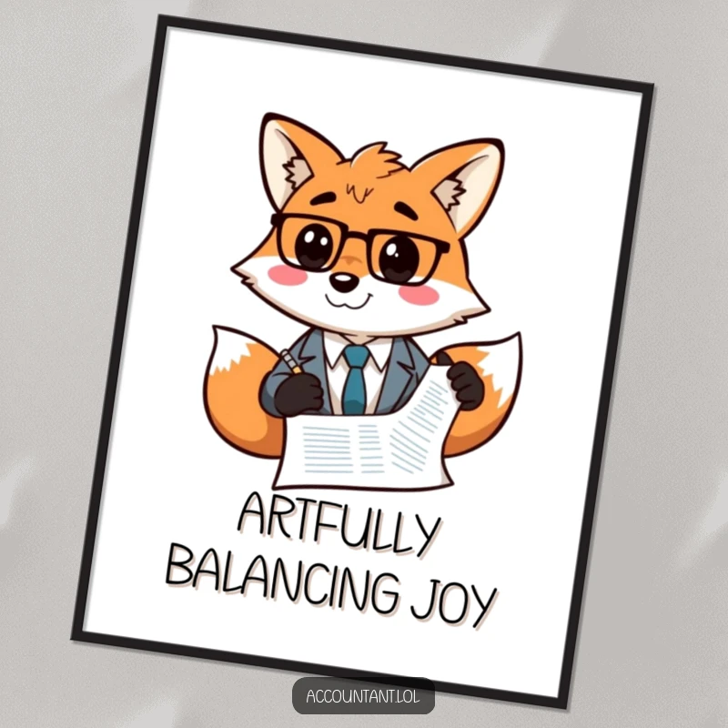 Funny Fox Accountant Digital Art: A grinning fox accountant draws a smiley face on a balance sheet, ready for framing.