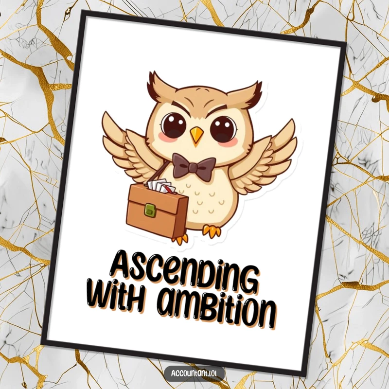 Funny Owl Digital Art Print: A dapper owl in a bow tie flies with a briefcase, representing business ambition humorously.