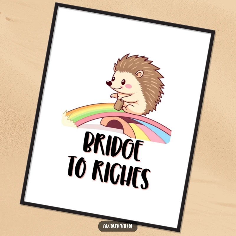 Funny digital art print of a happy hedgehog rolling a large ledger across a vibrant rainbow bridge, a wonderfully whimsical piece.