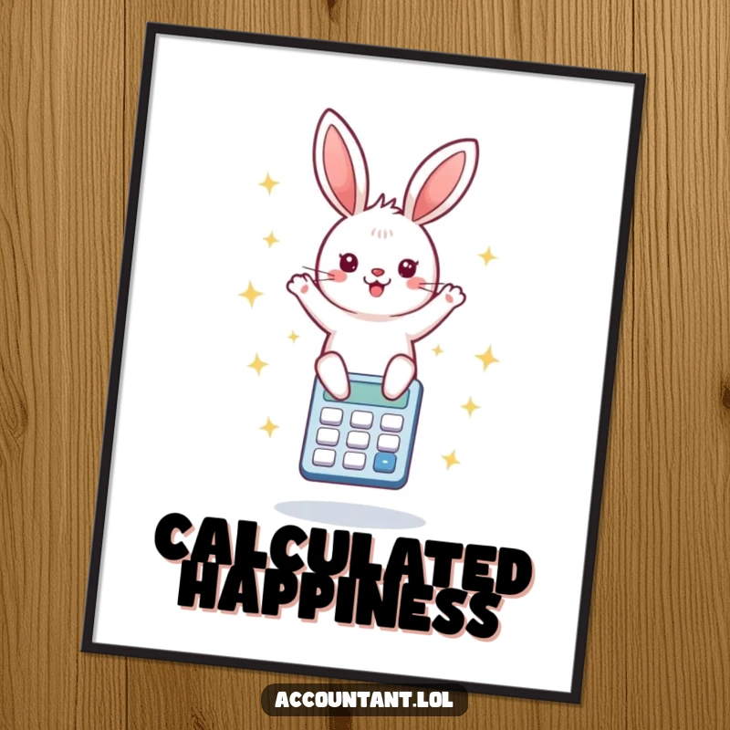 Funny digital art print of an ecstatic bunny mid-bounce on a calculator surrounded by cheerful starbursts, a wonderfully joyful piece.