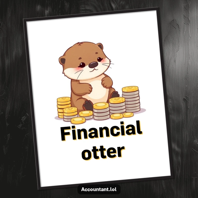 Funny digital art print of a diligent otter carefully arranging coins into neat piles, symbolizing the humor of meticulous saving and organization.