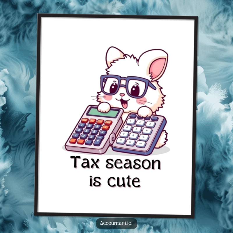 Funny bunny accountant digital art print, a fluffy rabbit with glasses humorously stamping a giant calculator, high-quality decor.