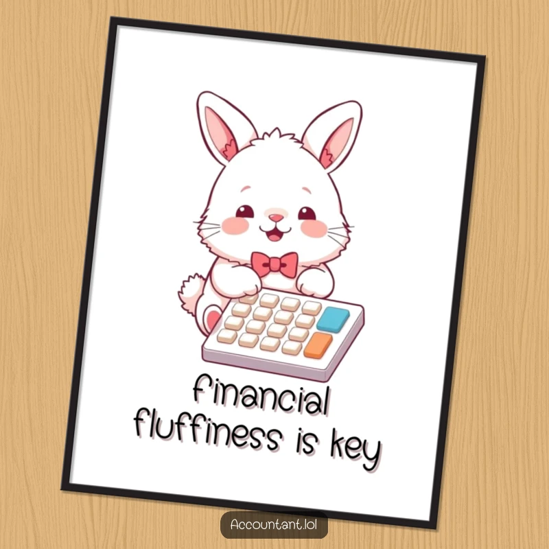 Funny bunny accountant digital art print, a fluffy rabbit in a bowtie, joyfully tapping calculator keys, for instant wall decor.