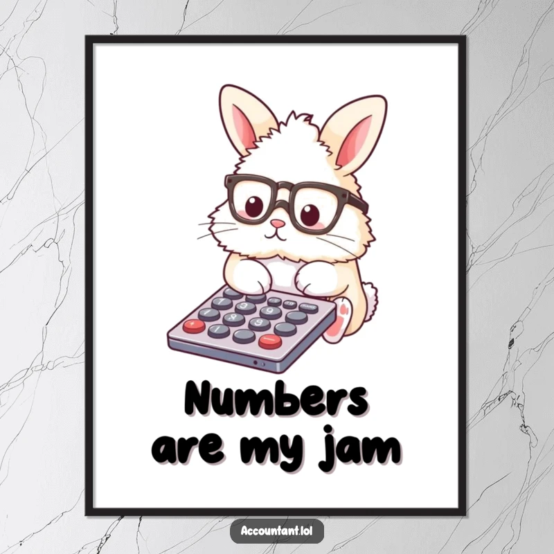 Funny Digital Art Print of a fluffy bunny in glasses, working on a calculator, a witty digital download.