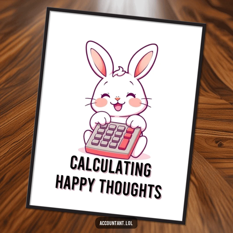 Funny Bunny Bookkeeper Digital Art Print, a cheerful bunny, smiling, tapping calculator, cute and humorous wall art, instant gift.