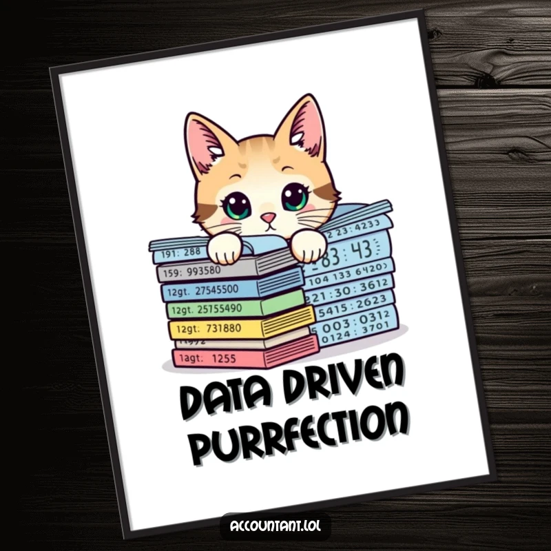 Funny curious cat investigating expanding numerical charts, a downloadable digital art print for humorous home or office decor.