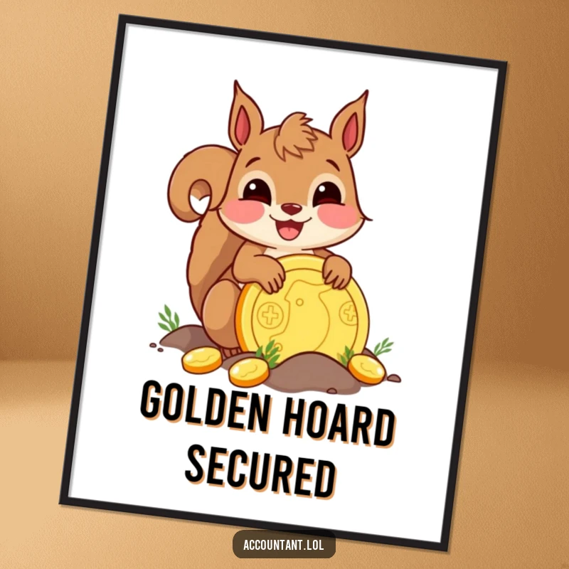 Funny delighted squirrel burying a giant golden coin, a humorous digital art print for cheerful decor.