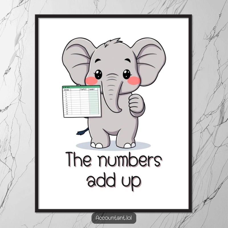 Funny digital art print of a proud elephant displaying a spreadsheet, offering instant humorous and professional decor.