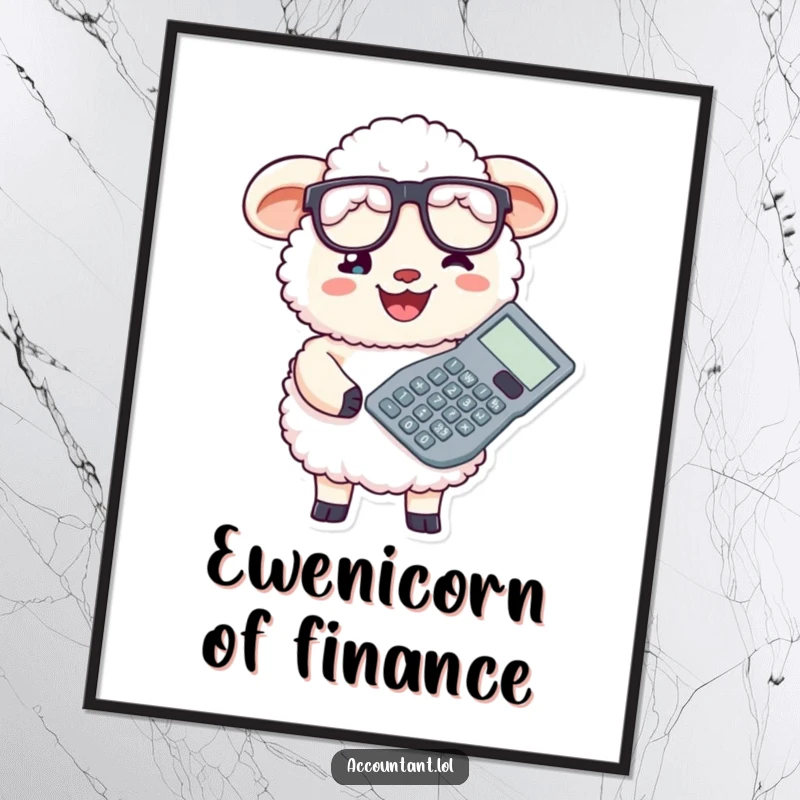 Funny fluffy sheep accountant character wearing glasses, holding a huge calculator, smiling widely, digital art.