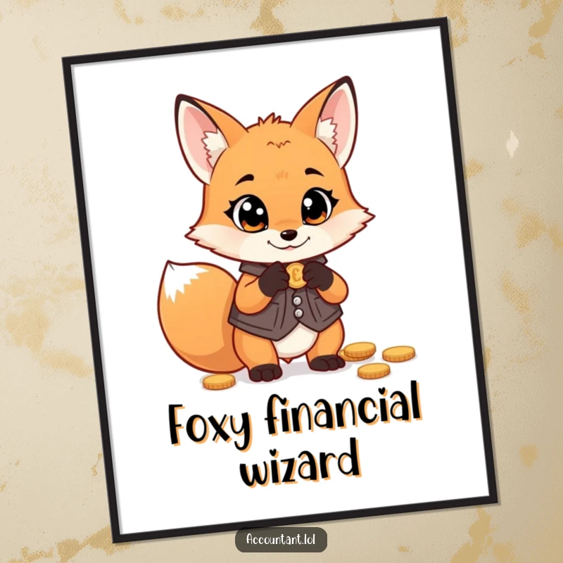 Funny fox money digital art print, a mischievous fox wearing a vest, counting coins with wide eyes, for instant decor.
