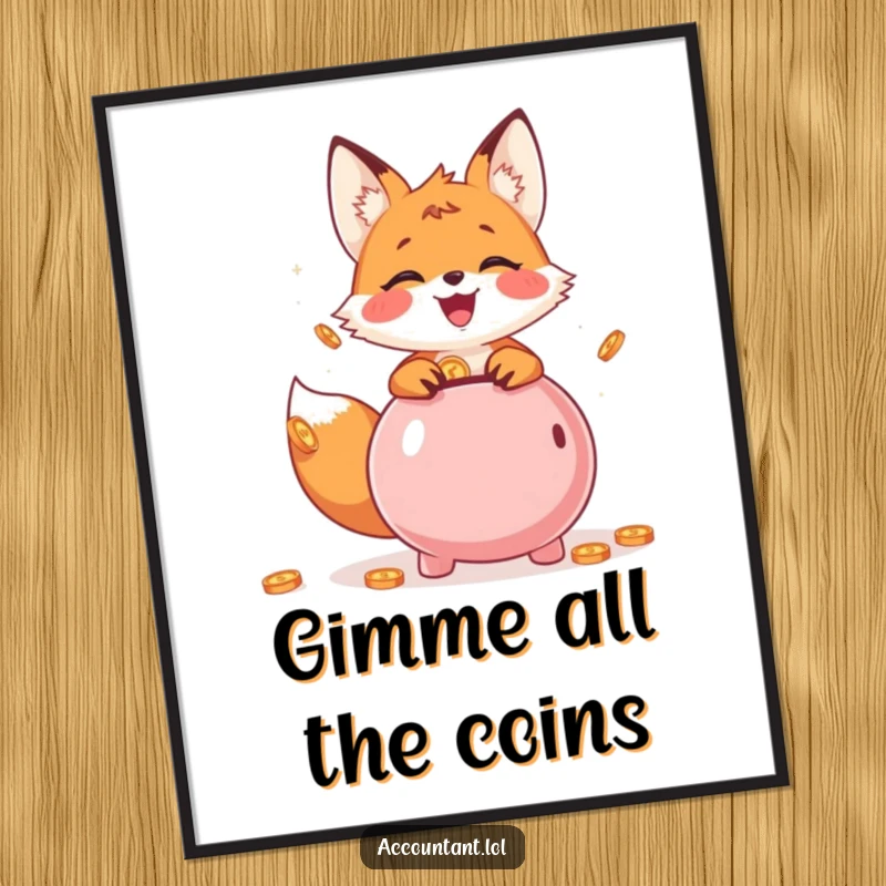 Funny Digital Art Print of a cheerful fox cub with a piggy bank, a humorous printable.