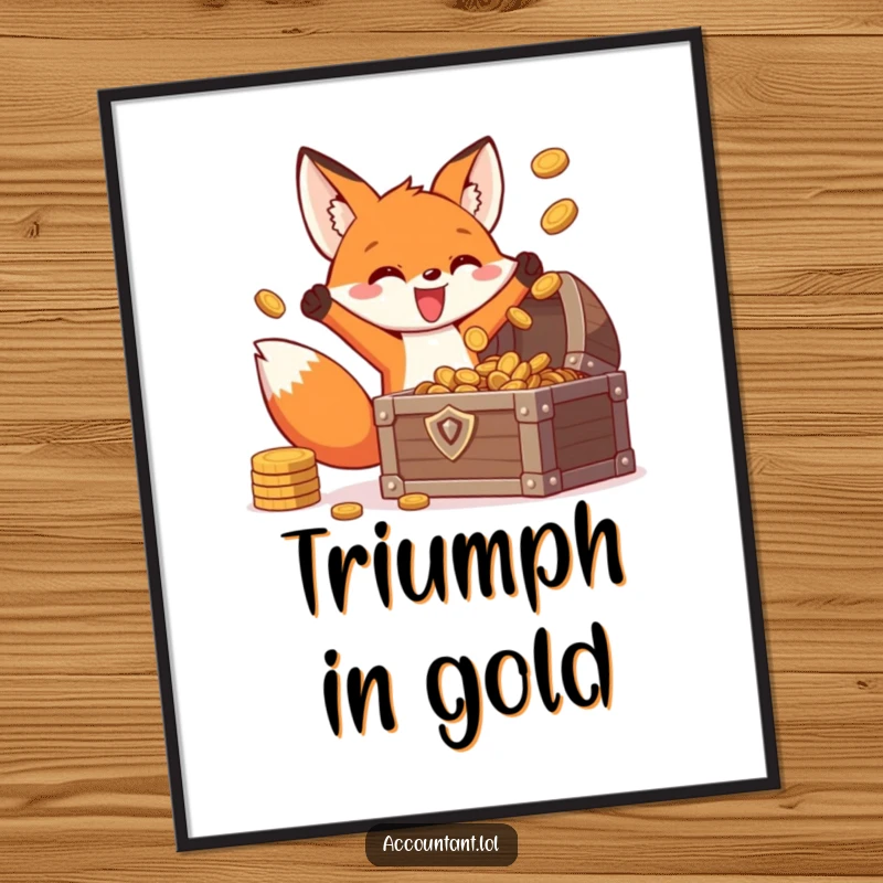 Funny fox treasure digital art print, an energetic fox triumphantly tossing coins into a treasure chest, high-quality decor.