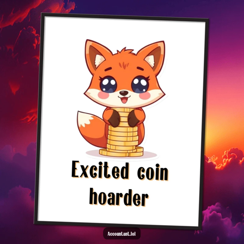 Funny giddy red fox stacking oversized coin stacks with wide, excited eyes, available as an instant download art print.