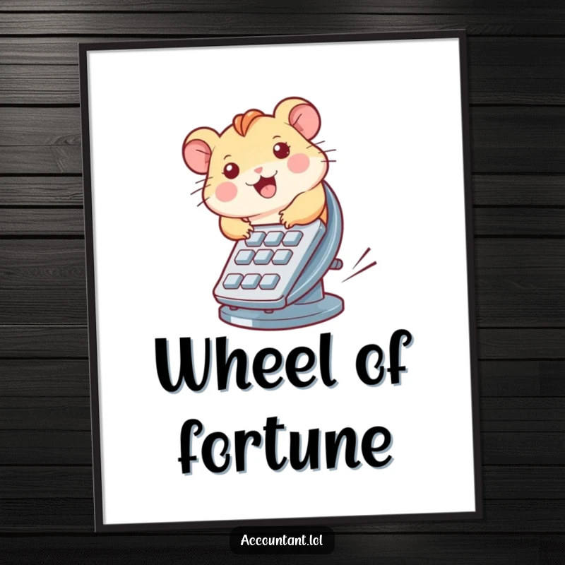 Funny digital art print of a hamster running on a calculator wheel, offering instant humorous decor.